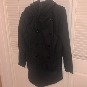 Long Black Pea Coat with Hood size Medium